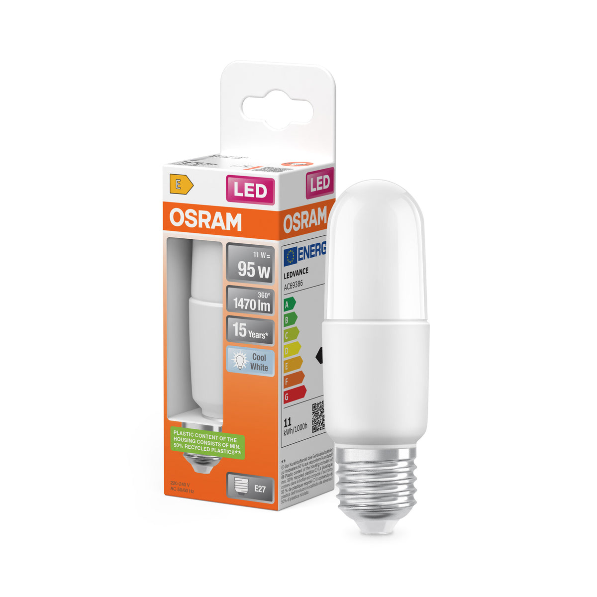 OSRAM LED PCR CLASSIC STICK LAMP in Stick-Form, LED-Lampe, Matt, 11 W, 1470 lm, 4000 K, CRI 80