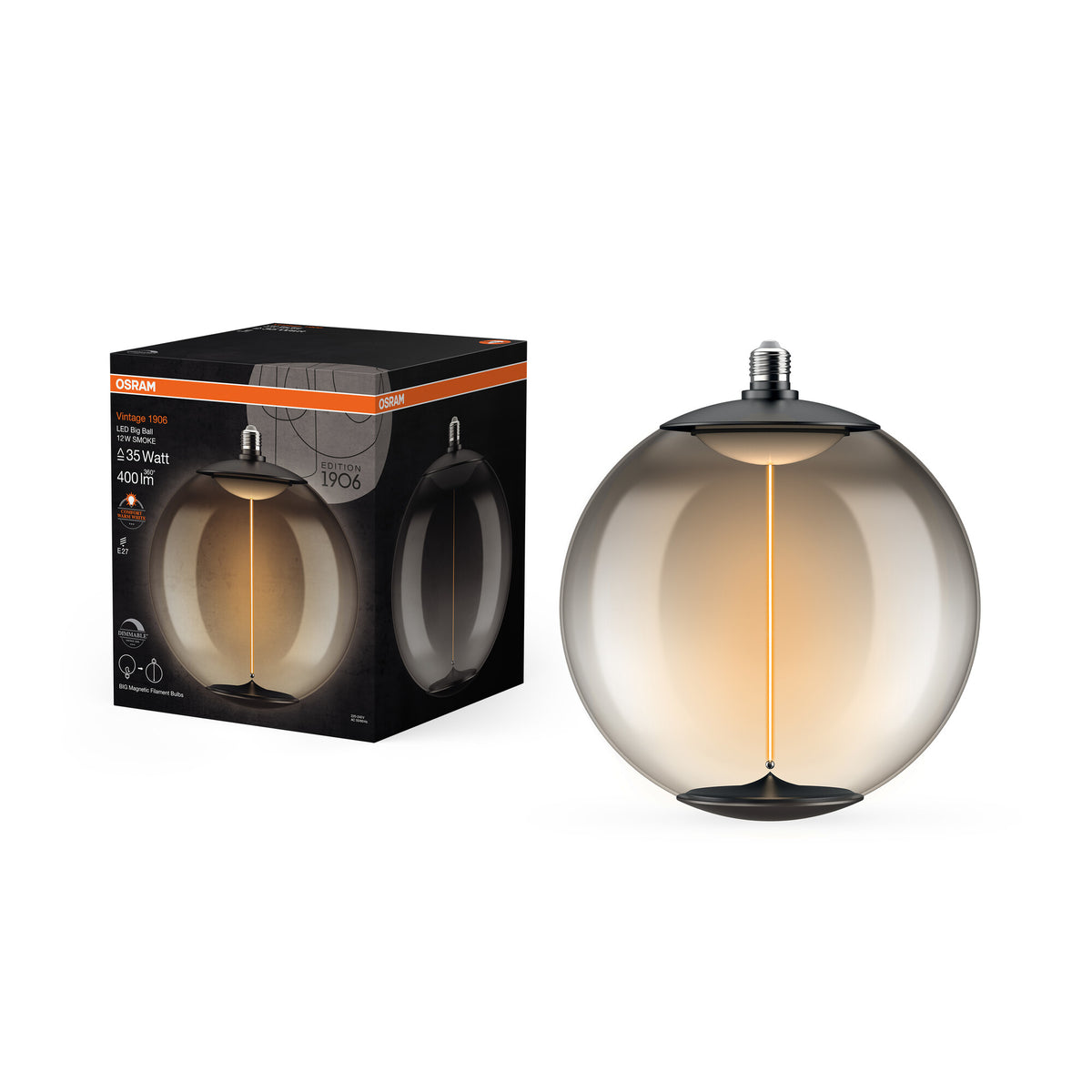 OSRAM Vintage 1906 LED Große Dekorlampe mit Filament-Magnetstil dimmbar 12W 818 Smoke E27