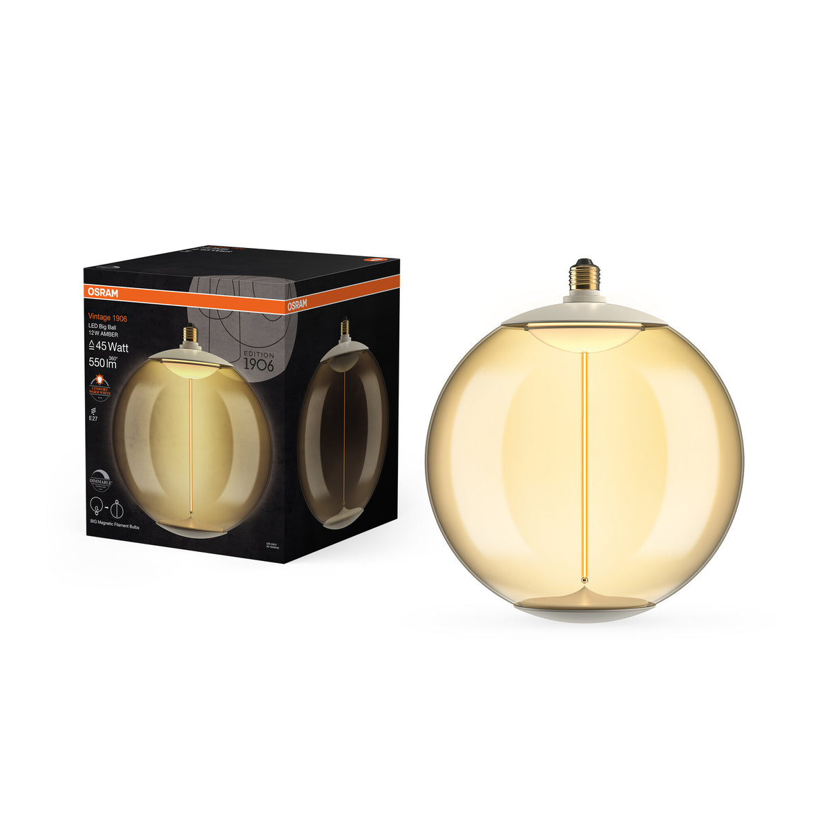 OSRAM Vintage 1906 LED Große Dekorlampe mit Filament-Magnetstil dimmbar 12W 818 Amber E27