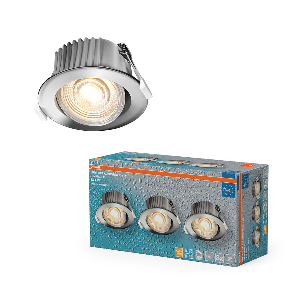 OSRAM LED Spot Recess Bad Einbaustrahler Set DIM IP44 schwenkbar 4.9W 36° Chrom ⌀68 mm