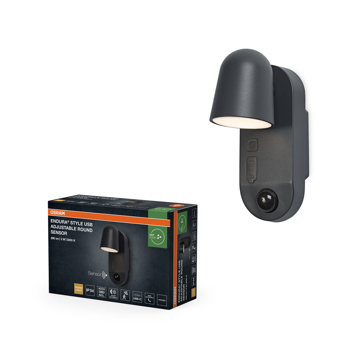 OSRAM ENDURA® Style USB Akku Außenwandleuchte 3W Round Sensor IP54 Dark grey