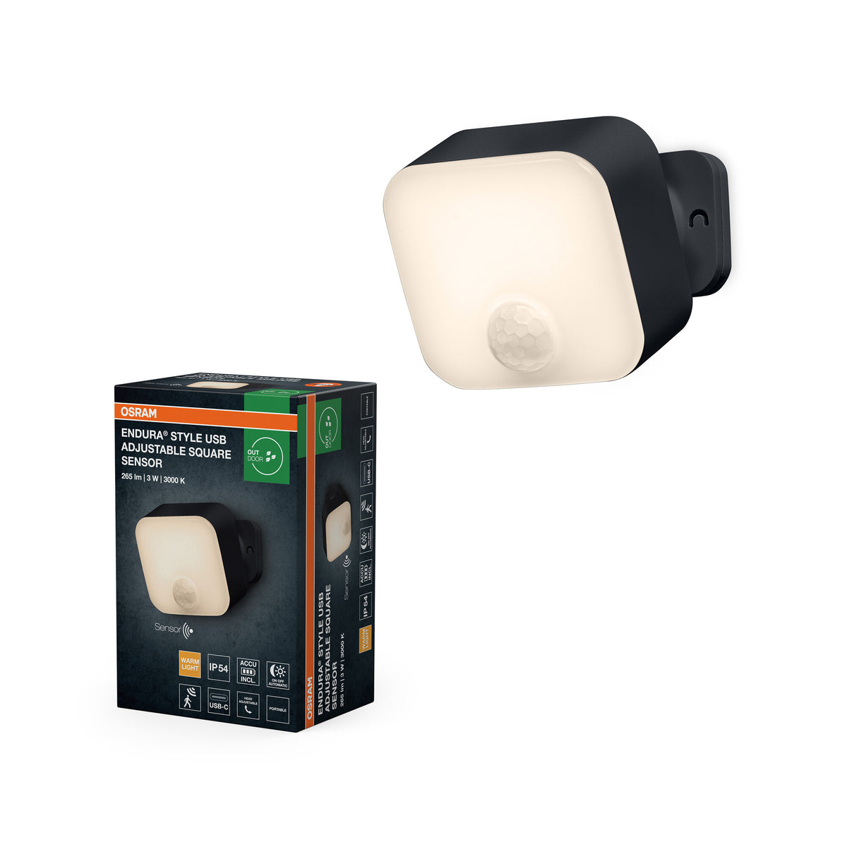 OSRAM ENDURA® Style USB Akku Außenwandleuchte 3W Square Sensor IP54 Dark grey