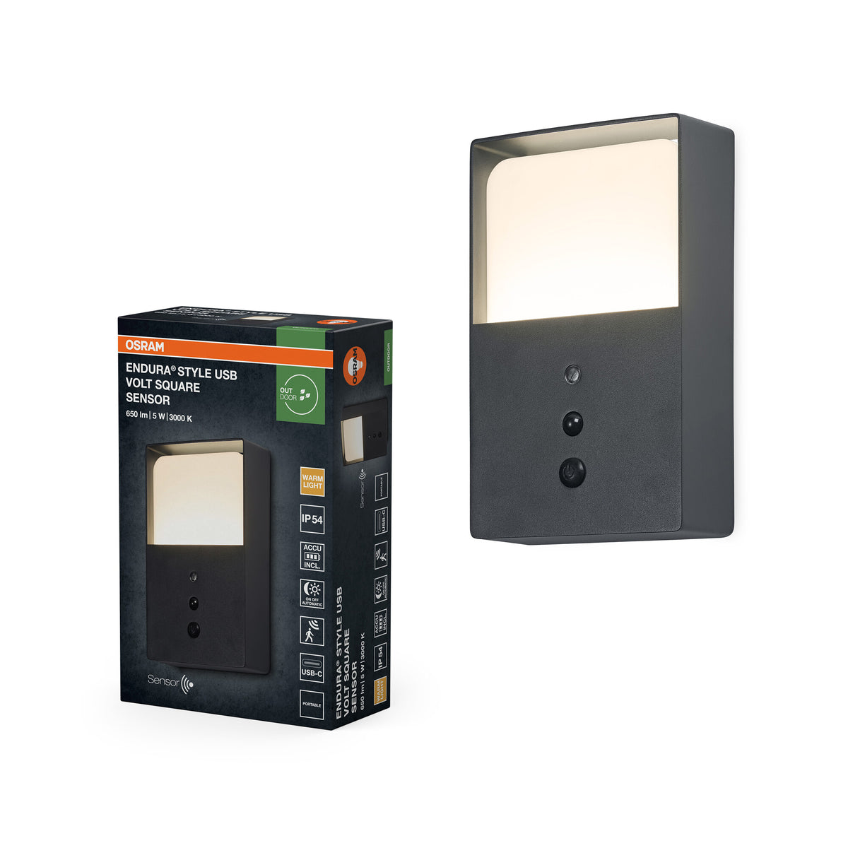 OSRAM ENDURA® Style USB Akku Außenwandleuchte 5W Sensor IP54 Dark grey