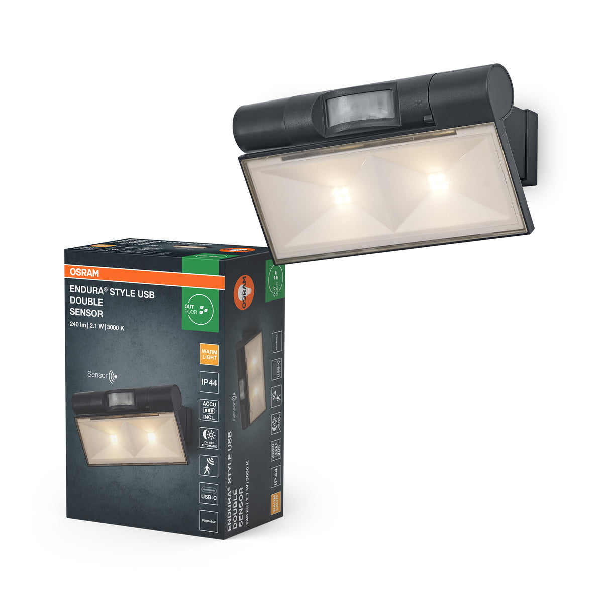 OSRAM ENDURA® Style USB Akku Außenwandleuchte 2.1W Up-Down Sensor IP44 Dark Grey