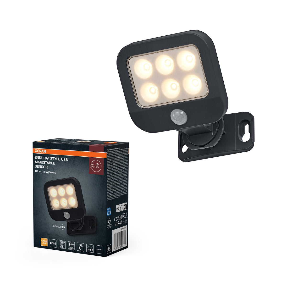 OSRAM Strahler/ Flutlicht, Dark Grey, 1,8 W, 140 lm, 3000 K, IP44, 25. 000 h Lebensdauer, PIR-Bewegungsmelder, USB-C Ladefunktion