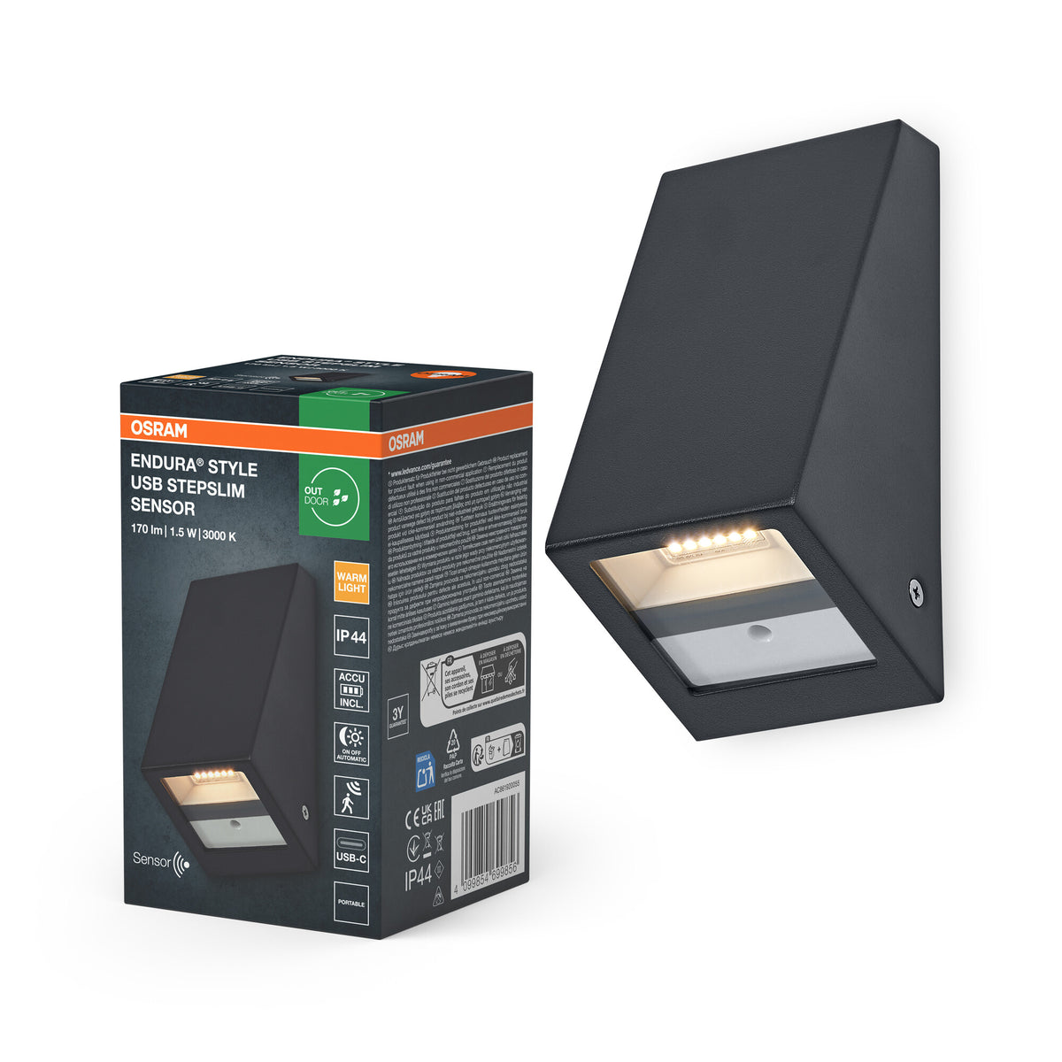 OSRAM ENDURA® Style USB Akku Außenwandleuchte 1.5W 3000K Sensor IP44 Dark Grey