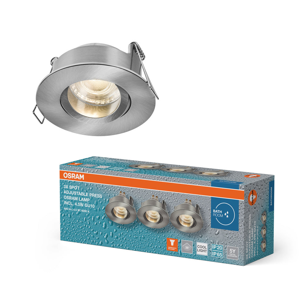 OSRAM LED Spot Recess Einbaustrahler Bad Set GU10 IP65 4.5W 840 Satin-Nickel ⌀68 mm