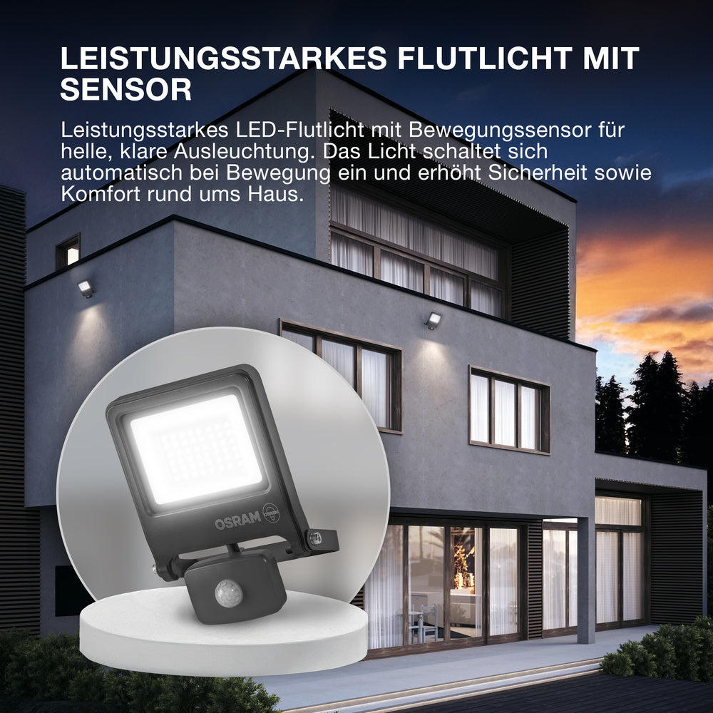 OSRAM ENDURA FLOOD PC 30W LED-Fluter mit Sensor, 3000K warmweiß, 3000 Lumen, IP44 Flutlicht Bewegungsmelder 9m, Zeit-Steuerung 5s-10min