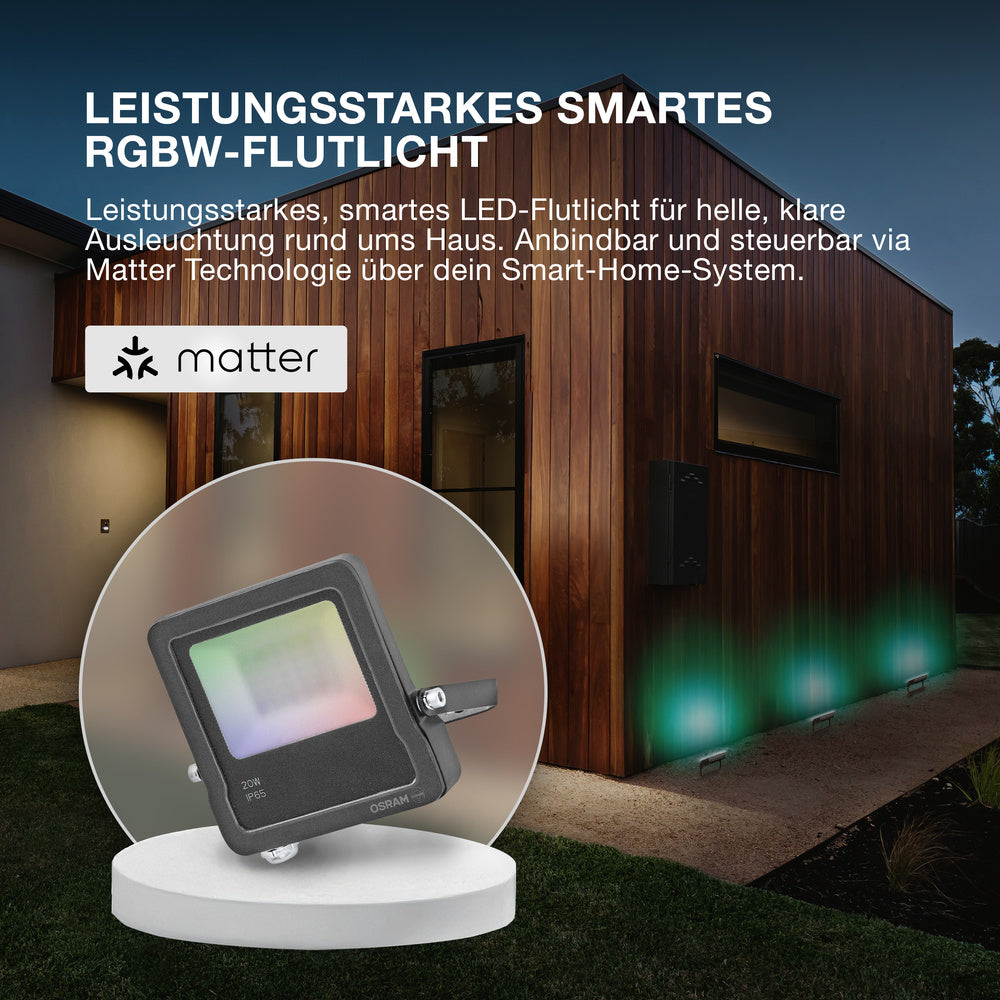 OSRAM SMART+ MATTER Floodlight LED-Fluter, 50W, 4000lm, RGBW 16 Mio. Farben, 3000K, WiFi, Matter, Alexa/Google, IP65