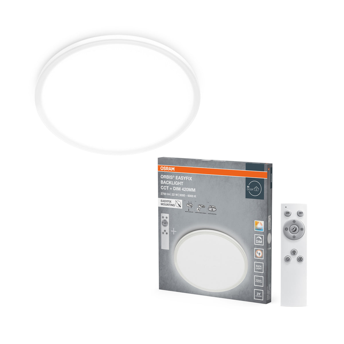 OSRAM ORBIS EASYFIX LED Backlight Deckenleuchte 42cm 22W CCT +DIM Fernbedienung, weiß