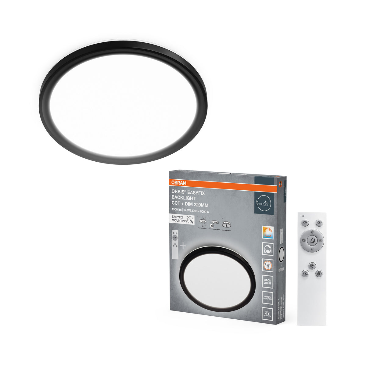 OSRAM ORBIS EASYFIX LED Backlight Deckenleuchte 22cm 14W CCT +DIM, Fernbedienung, schwarz