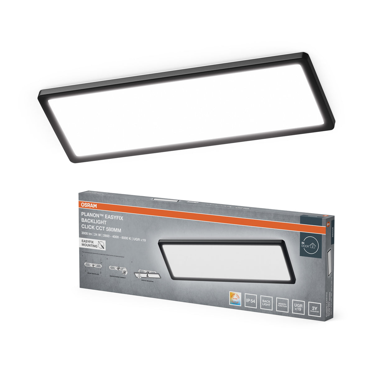 OSRAM PLANON EASYFIX LED Panel Backlight Deckenleuchte 58cm 24W Click CCT IP54, schwarz