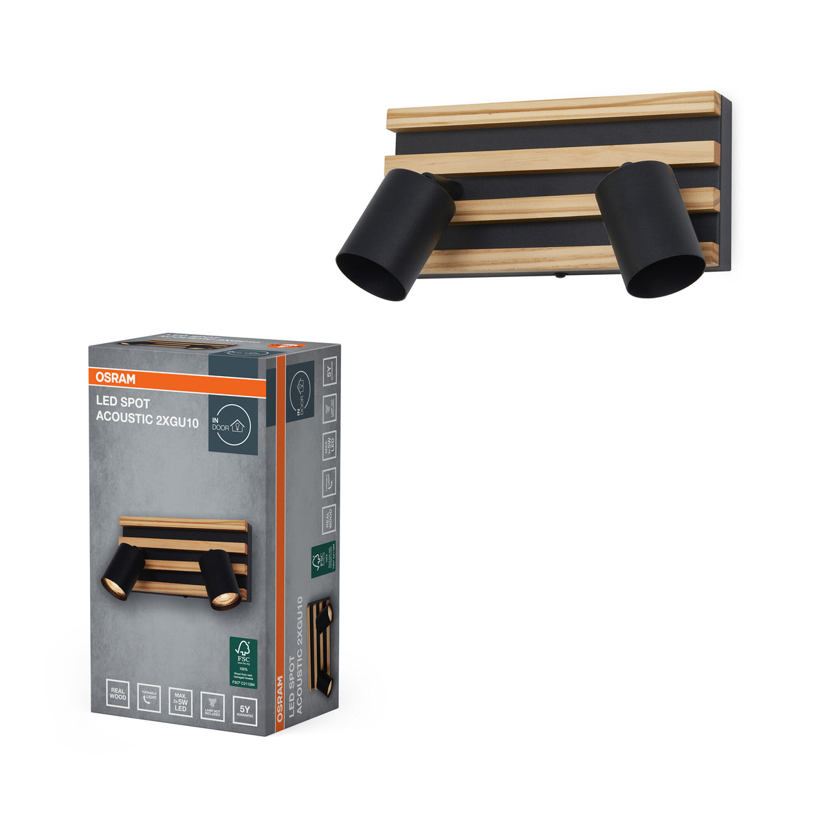 OSRAM LED Spot Acoustic Schwarz/Holzdekor, Stahl und Kiefernholz, 220-240 V, GU10, Klemmanschluss, 3-polig (L, N, PE)