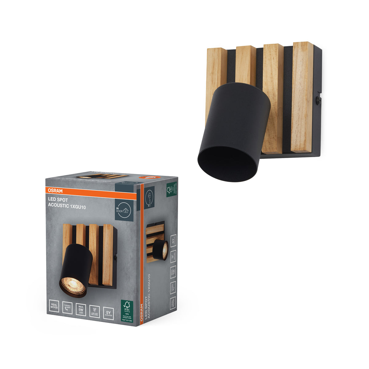 OSRAM LED Spot Acoustic Schwarz/Holzdekor, Stahl und Kiefernholz, 220-240 V, GU10, Klemmanschluss, 3-polig (L, N, PE)