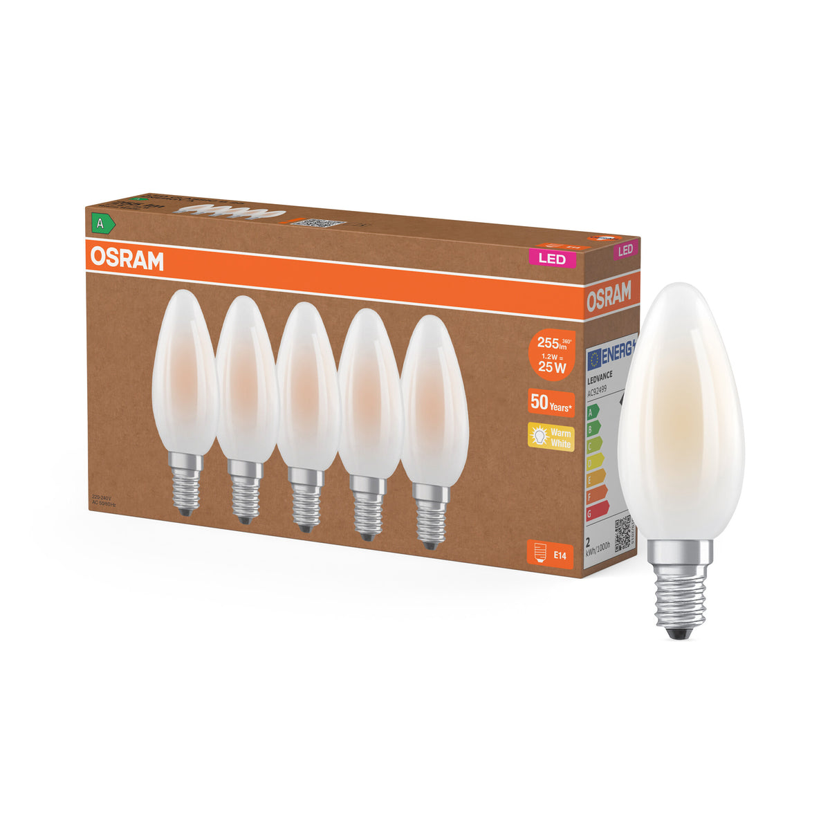 OSRAM LED-Lampe Classic B 25 Filament Energy efficiency class A 5er-Pack, E14, Glas, Frosted, 1,2 W (ex 25 W), 255 lm