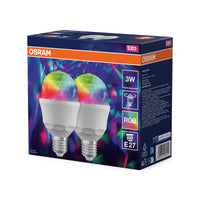 OSRAM LED-Diskokugel DISCO PARTY E27 mit buntem RGB-Licht, 2er-Pack, 3 W, rotierendes Licht, Kunststoff, 70 lm