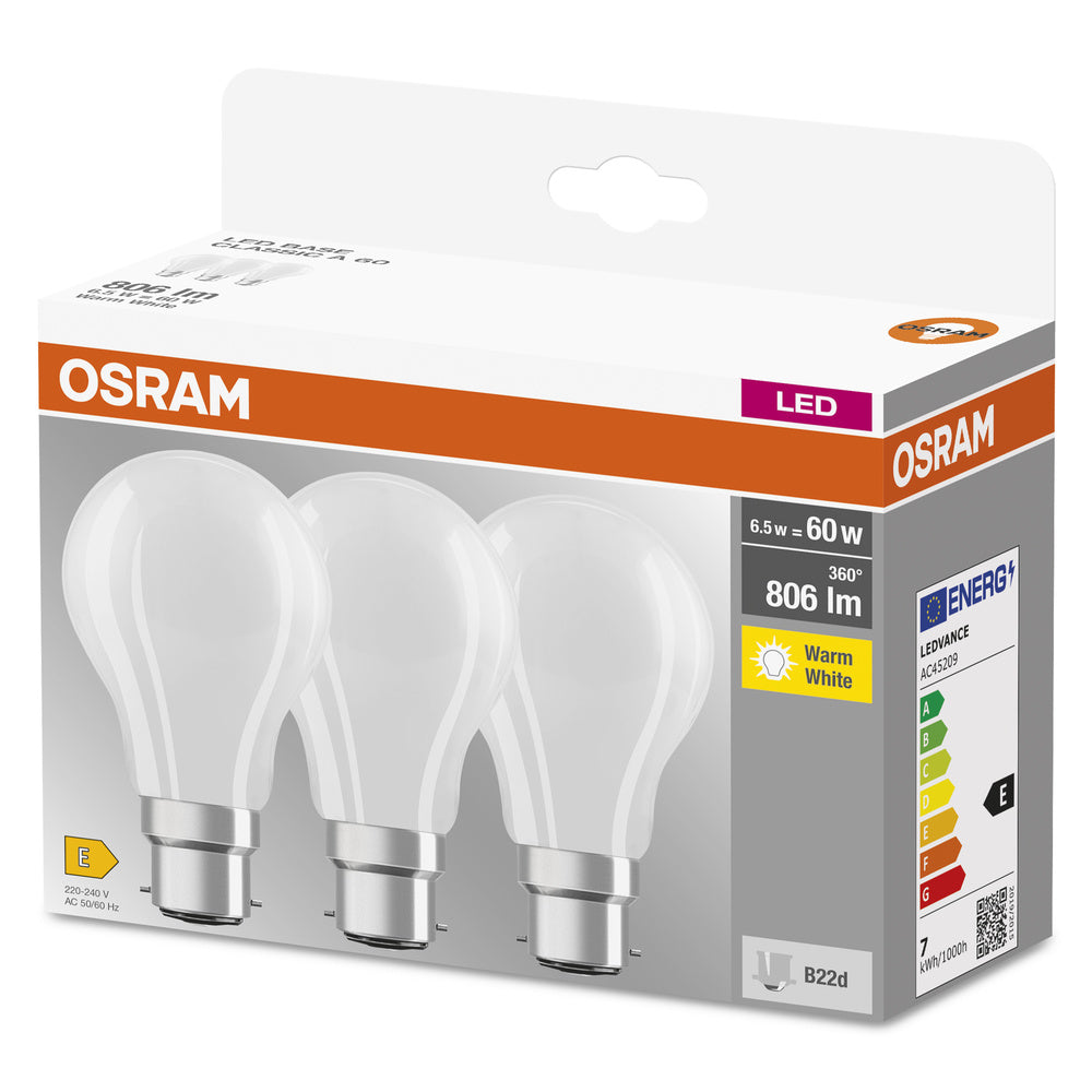 OSRAM LED Lampe LED BASE CLASSIC A LED Lampe 6.5W 827 Frosted B22d, 806 lm, 2700 K, Warmweiß, 3er Pack-LEDVANCE Shop