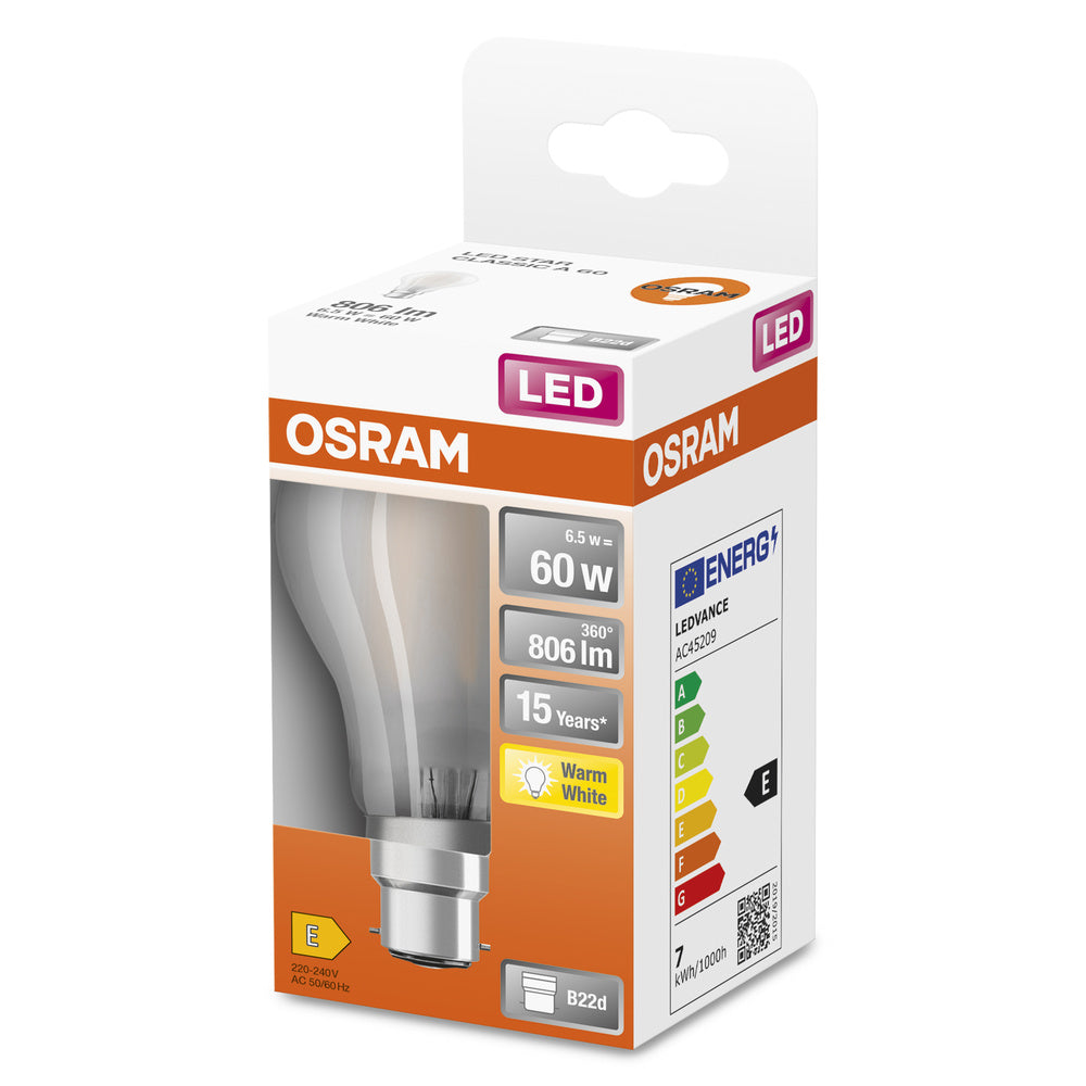 OSRAM LED Lampe LED Retrofit CLASSIC A 6.5W 827 Frosted B22d, 806 lm, 2700 K, Warmweiß-LEDVANCE Shop