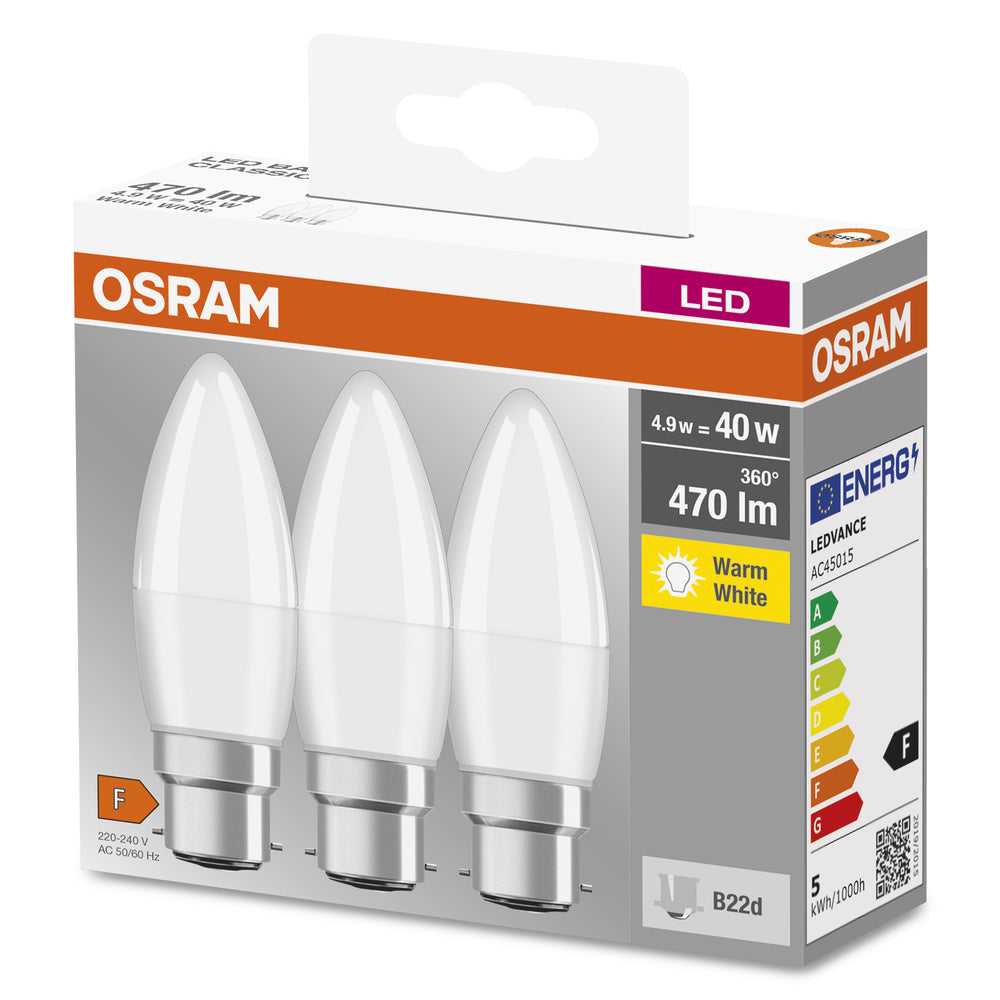 OSRAM LED Lampe LED BASE CLASSIC B LED Lampe 4.9W 827 Frosted B22d, 470 lm, 2700 K, Warmweiß, 3er Pack-LEDVANCE Shop