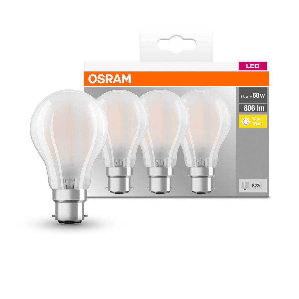 OSRAM LED Lampe LED BASE CLASSIC A LED Lampe 6.5W 827 Frosted B22d, 806 lm, 2700 K, Warmweiß, 3er Pack-LEDVANCE Shop