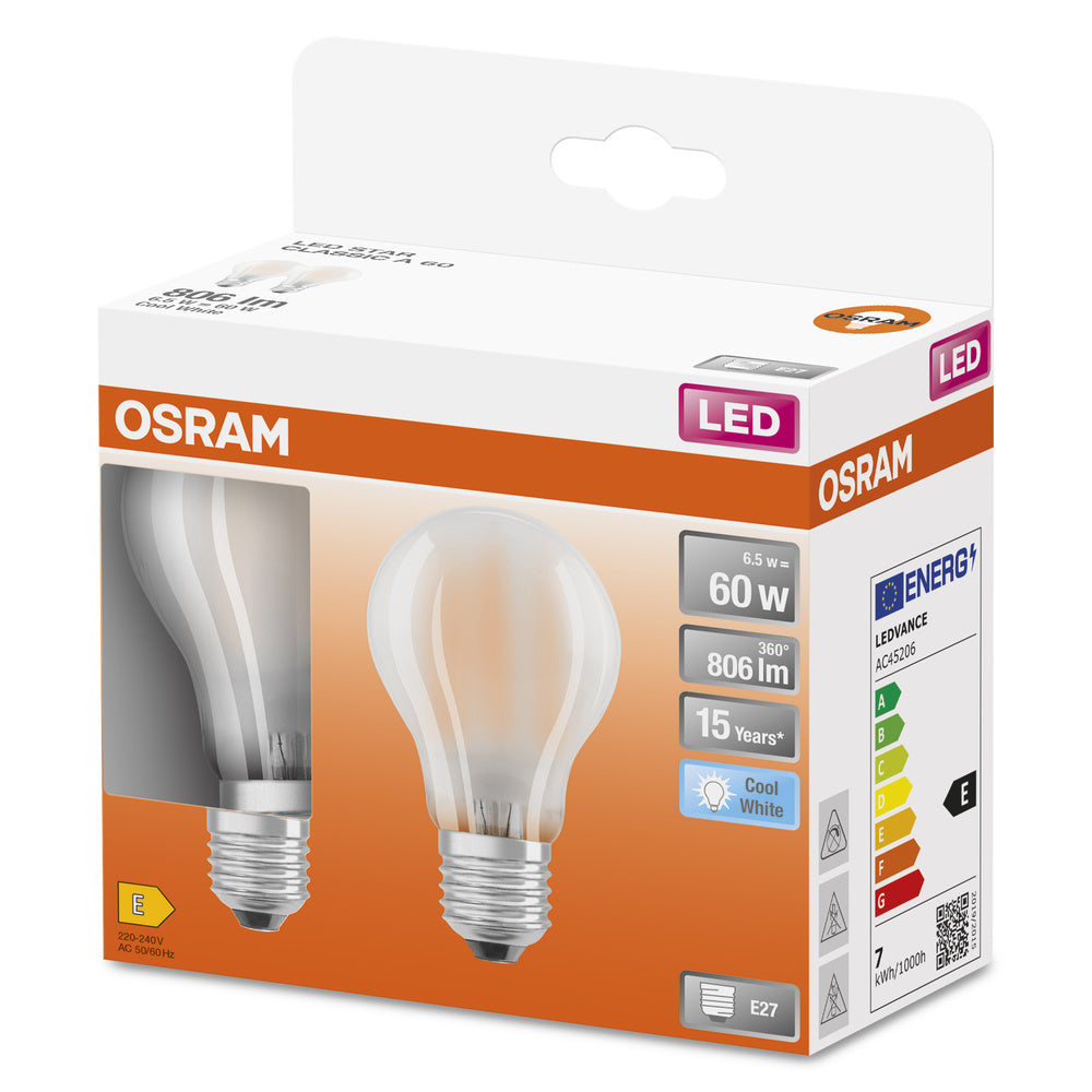 OSRAM LED Lampe LED Retrofit CLASSIC A 6.5W 840 Frosted E27, 806 lm, 4000 K, Kaltweiß, 2er Pack-LEDVANCE Shop