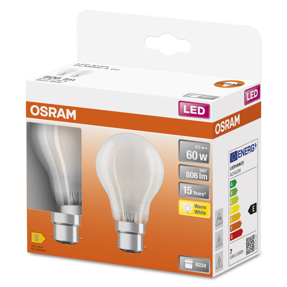 OSRAM LED Lampe LED Retrofit CLASSIC A 6.5W 827 Frosted B22d 2er Pack, 806 lm, 2700 K, Warmweiß, 2er Pack-LEDVANCE Shop