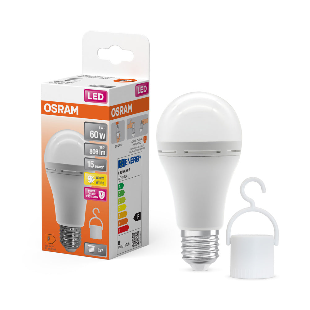 OSRAM LED Classic A 60 Camping Lampe / Notlicht mit integriertem wiederaufladbaren Akku (ex 60W) 8W Warmweiß E27