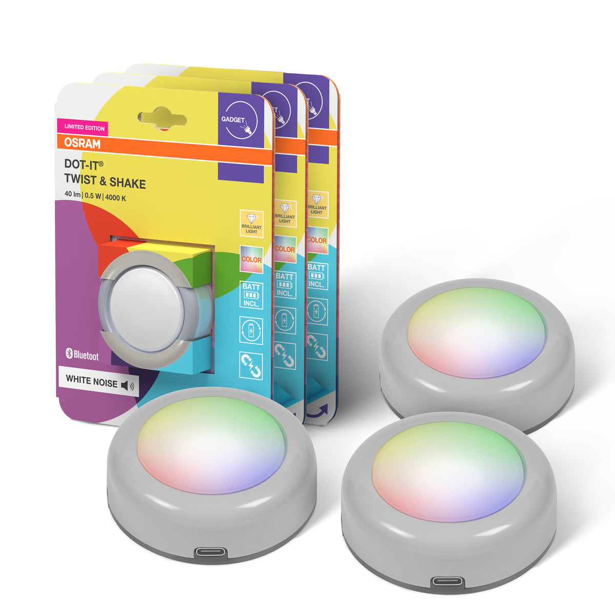 OSRAM Bluetooth SMART DOT-IT TWIST & SHAKE, wiederaufladbarer Dot, White Noise Funktion, RGBW, 4000K, 3er Pack