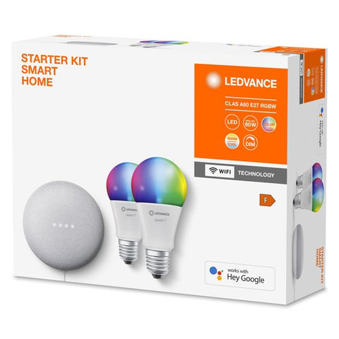 LEDVANCE GOOGLE Starter Kit aus Nest Mini 2G Speaker und 2x RGBW 9W E27