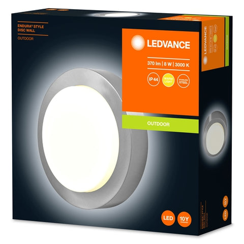 LEDVANCE Wand- und Deckenleuchte LED: für Wand, ENDURA STYLE DISC / 8 W, 220…240 V, Warm weiß, 3000 K, Gehäusematerial: Edelstahl, IP44