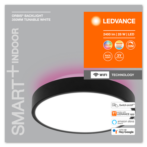 LEDVANCE Wifi SMART+ ORBIS BACKLIGHT LED Deckenleuchte RGBW mehrfarbig 35cm Tunable Weiß 28W / 3000-6500K schwarz