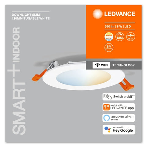LEDVANCE Leuchte: für Decke, SMART RECESS SLIM DOWNLIGHT TW / 8 W, 220…240 V, Ausstrahlungswinkel: 110, Tunable White, 3000…6500 K, Gehäusematerial: Plastik, IP20