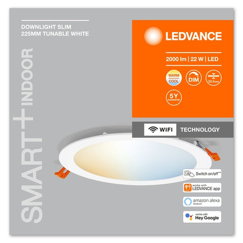 LEDVANCE Leuchte: für Decke, SMART RECESS SLIM DOWNLIGHT TW / 22 W, 220…240 V, Ausstrahlungswinkel: 110, Tunable White, 3000…6500 K, Gehäusematerial: Plastik, IP20