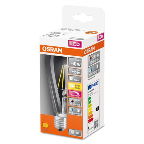OSRAM Dimmbare FILAMENT LED-Lampe LED SUPERSTAR+ CL Edison FIL 60 dim 5,8W/927 E27 CRI90 BOX