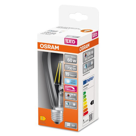 OSRAM Dimmbare FILAMENT LED-Lampe LED SUPERSTAR+ CL Edison FIL 60 dim 5,8W/940 E27 CRI90 BOX