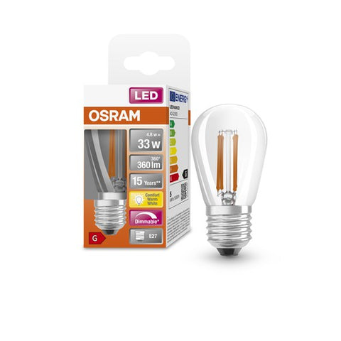 OSRAM Dimmbare Filament LED Lampe mit E27 Sockel, Warmweiss (2700K), Windstoß Kerze, 5W, Ersatz für 40W-Glühbirne, klar, LED Retrofit CLASSIC BA DIM