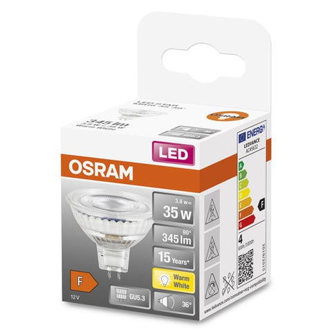 OSRAM MR16 LED Reflektorlampe mit GU5.3 Sockel, Warmweiss (2700K), Glas Spot, 3,80W, Ersatz für 35W-Reflektorlampe