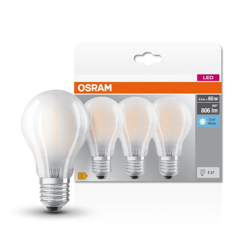 OSRAM LED Base Classic A Lampe matt (ex 60W) 6,5W / 4000K Kaltweiß E27, 3er Pack