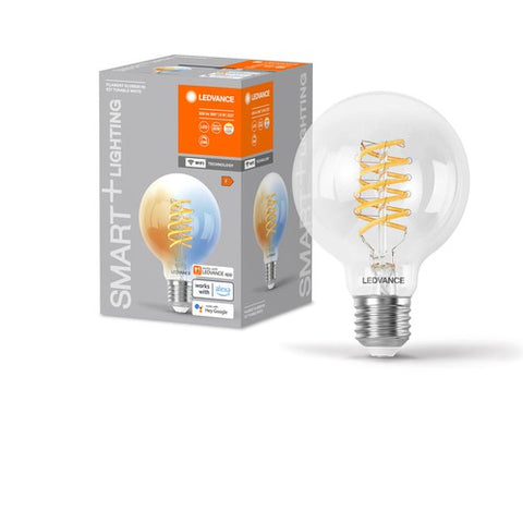 LEDVANCE SMART+ WIFI LED-Lampe, Weißglas, 8W, 806lm, Kugel-Form mit 80mm Durchmesser & E27-Sockel, regulierbares Weißlicht (2700-6500K), dimmbar, App- oder Sprachsteuerung, 15.000 Stunden Lebensdauer