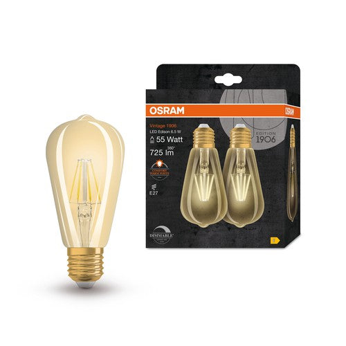 OSRAM LED-Lampe dimmbar EDISON 6.5W Filament E27 Vintage 1906 Gold, E27, 2er Pack