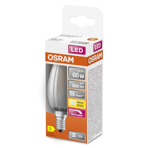 OSRAM Retrofit Classic B LED Lampe Kerzenform dimmbar matt (ex 60W) 6,5W / 2700K Warmweiß E14